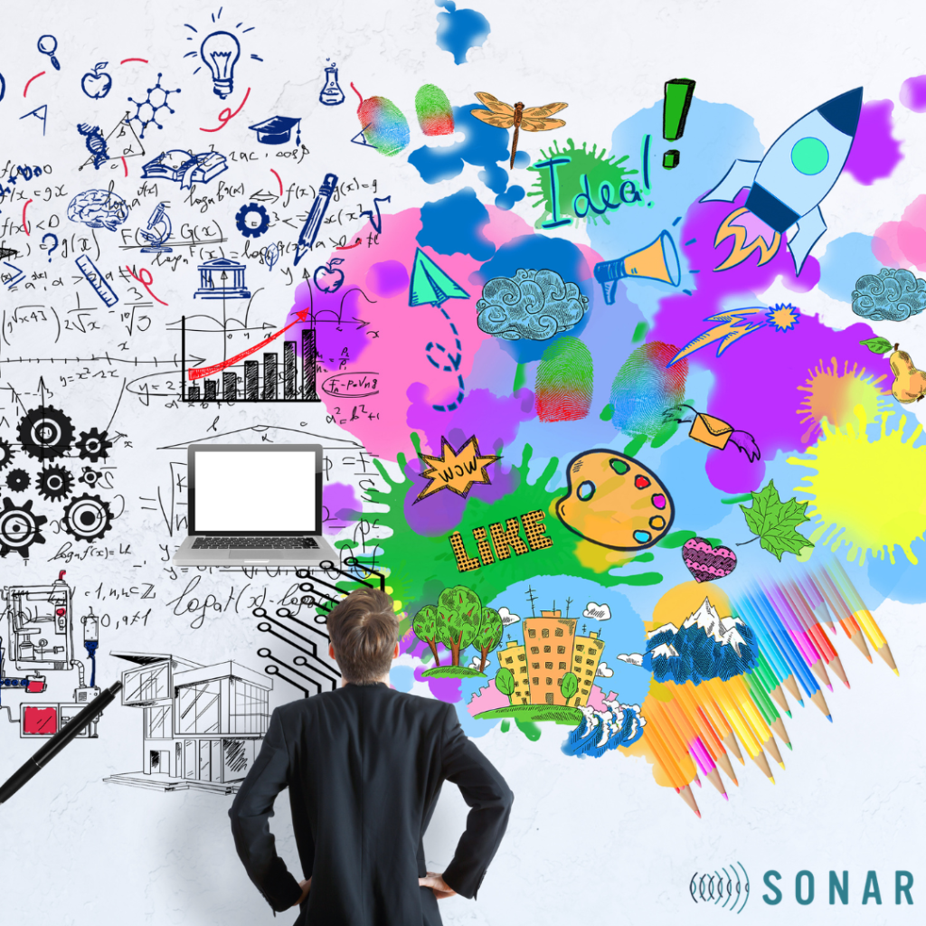Creative brainstorming concept showing colorful ideas, marketing symbols, and analytics illustrations representing creative-driven digital advertising and AI-powered marketing strategy.